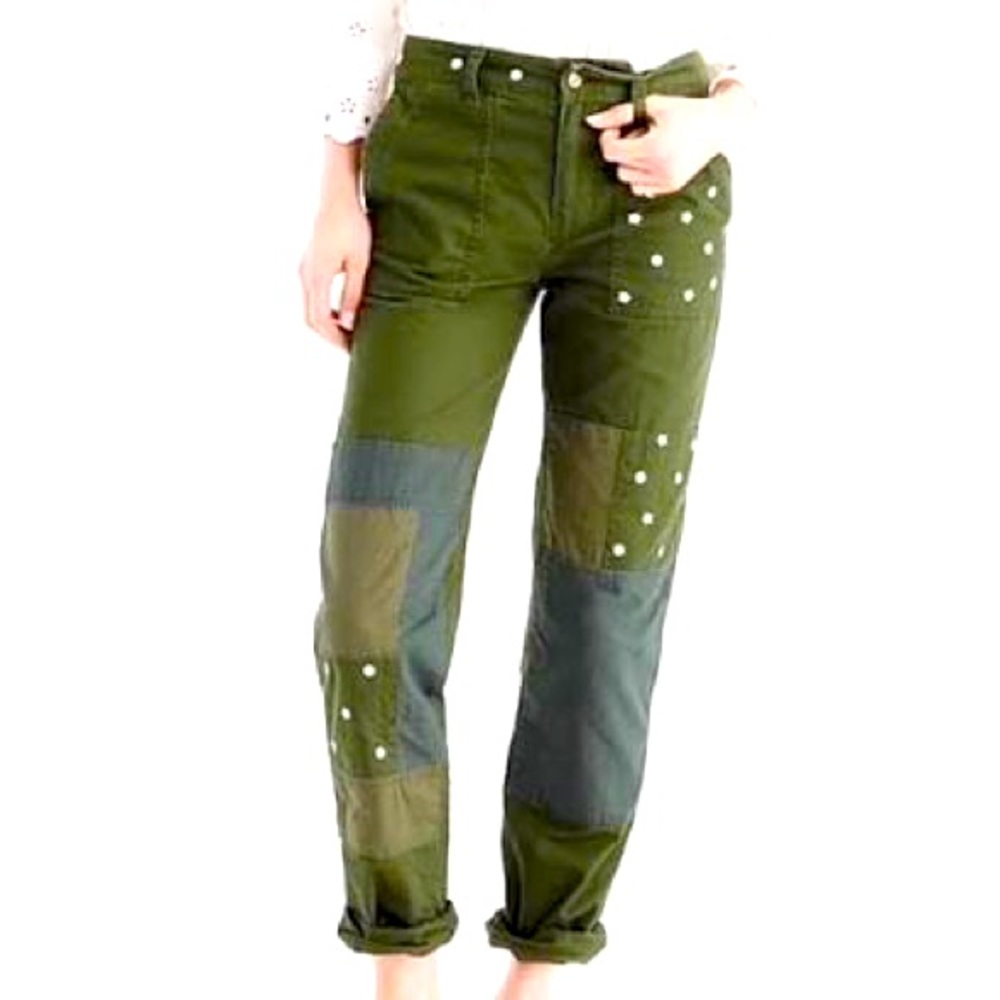 J Crew Green Daisy Patchwork Chinos, Size 4